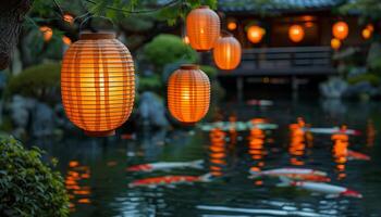 Peaceful Koi Pond with Glowing Paper Lanterns in a Tranquil Japanese Garden photo