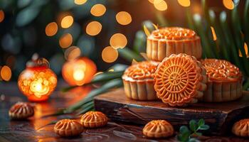 Scrumptious mooncakes arranged beautifully on a wooden table with a lantern in the background, photo