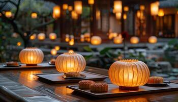 Traditional Mid-Autumn Festival Scene with Glowing Lanterns and Mooncakes photo