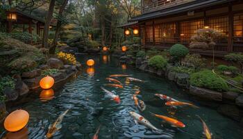 tranquilo koi estanque en un hermosa japonés jardín con tradicional arquitectura y brillante linternas foto