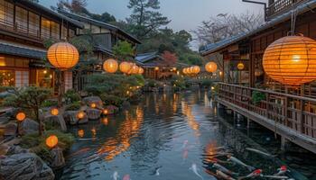 Traditional Japanese courtyard with a pond, stone lanterns, and wooden houses photo