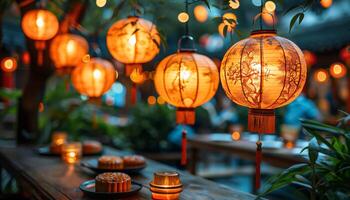 Traditional Chinese paper lanterns illuminate a moonlit garden during the Mid-Autumn Festival. photo