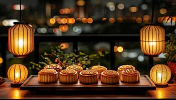 Traditional Chinese Mid-Autumn Festival mooncakes with intricate patterns displayed on a wooden table against a blurred cityscape at night photo