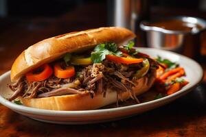 classic Chicago style Italian beef sandwich, with slow cooked, juicy beef piled high on a soft roll. photo