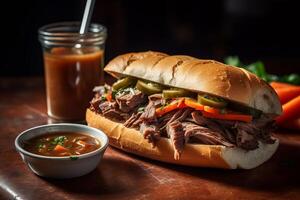 classic Chicago style Italian beef sandwich, with slow cooked, juicy beef piled high on a soft roll. photo
