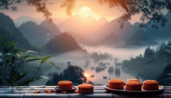 Mooncakes on a bamboo table overlooking a misty mountain landscape with a full moon photo