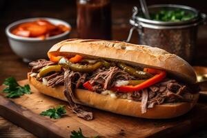 classic Chicago style Italian beef sandwich, with slow cooked, juicy beef piled high on a soft roll. photo