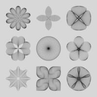 Set of abstract wireframe brutalist elements, symmetrical geometric and floral shapes, and grid deformation. Linear cyberpunk and retro-futuristic forms. Y2K aesthetic graphic. vector