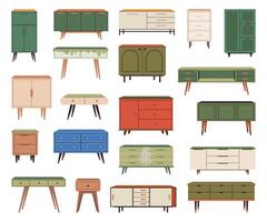 Chest of drawers, bedside tables set. TV stands, commodes, and other trendy storage furniture in scandinavian style for design interior. Flat illustration isolated on white background. vector