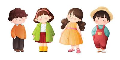 Cute children. Collection of 4 happy kids, little girls, and boys characters in different positions. Flat illustrations isolated on white background. vector