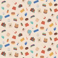 Seamless pattern with home decor illustrations on beige background. background with candels, books, wicker baskets. Modern flat design for packaging, interior decor, wrapping, cover and fabric. vector