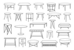 Coffee tables outline icon set. Line art tables for living room decor. Trendy linear sketches of round and rectangular tables. Outline monochrome illustration isolated on white background. vector