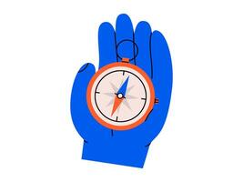 Hand drawn cute cartoon illustration hand with compass. Flat doodle direction choice. Business planning icon. Navigation guide. Strategy solution. Way decision. Searching opportunity. Isolated. vector