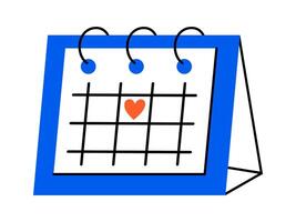 Hand drawn cute cartoon illustration of calendar with heart on 14 February. Flat date planning in colored doodle style. Valentines day reminder icon or print. Romantic event schedule. Isolated. vector