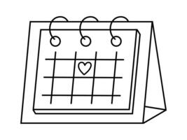 Hand drawn cute outline illustration of calendar with heart on 14 February. Flat date planning in line art doodle style. Valentines day reminder icon or print. Romantic event schedule. Isolated vector
