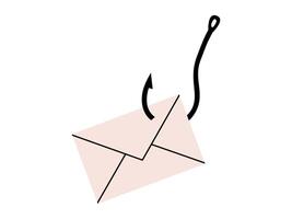 Hand drawn cute cartoon illustration of fishing hook with mail. Flat online virus letter in doodle style. Theft crime icon or print. Fraud scam email message. Phishing attack. Isolated. vector