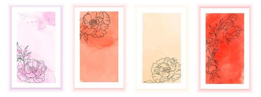 Set of watercolor posters with linear peonies in doodle style A collection of colorful greeting cards Floral illustrations for your projects vector