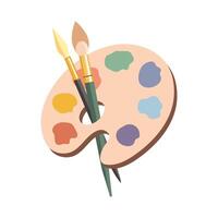 Palette with paints of different colors with brushes for painting. Top view of artist's tools isolated on white. Symbol, design element vector