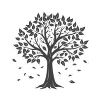 Silhouette of an autumn tree with falling leaves on a white background. Black and white illustration, sketch, design element vector