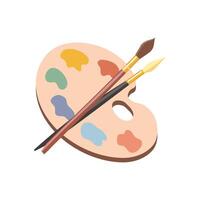 Palette with paints of different colors with brushes for painting. Top view of artist's tools isolated on white. Symbol, design element vector