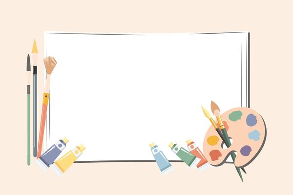 Blank canvas, oil paint in tubes, brushes, painting tools. Art supplies, accessories for creativity and hobbies. Poster, illustration