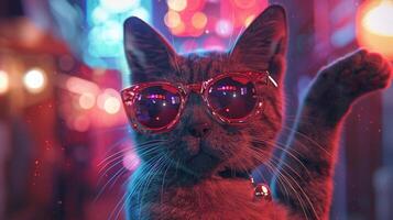 cat with glasses,cat, funny cat, cute cat, cat with fancy glasses under neon light, party mood cat photo