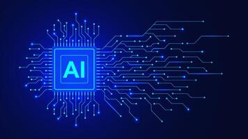 Artificial intelligence concept with microchip and electronic circuit board on dark blue background. Machine learning and high digital technology vector