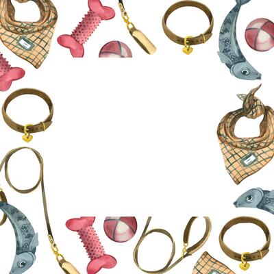 Square frame. Pet accessories, rubber bones, balls, dog collars and leashes, dog headscarves. All objects are hand-painted with watercolors. For printing on paper, fabric