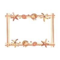 Rectangular frame made of seashells, stars, pink pearls. All objects are hand-painted with watercolors. Watercolor illustration. Suitable for printing on fabric, paper, scrapbooking vector