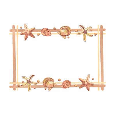 Rectangular frame made of seashells, stars, pink pearls. All objects are hand-painted with watercolors. Watercolor illustration. Suitable for printing on fabric, paper, scrapbooking