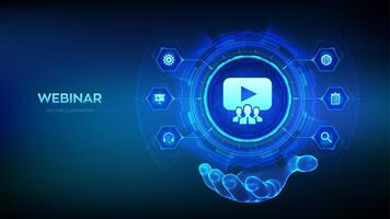 Webinar icon in wireframe hand. Internet conference. Web based seminar. Distance Learning. E-learning Training business technology Concept on virtual screen. illustration. vector