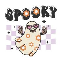 Retro Halloween ghost in heart shaped glasses. Chess board background. Floral ghost. Cute funny design on isolated background. Cartoon style. For print and web. vector