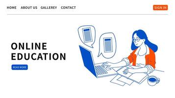 Online education web page. Student Learning Online at Home. Outline character sitting at desk, looking at Laptop and Studying. Working, education and shopping concept. doddle illustration. vector