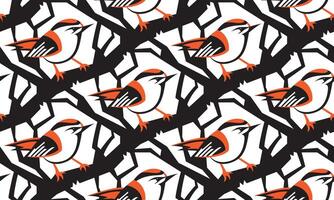Seamless pattern with black and orange birds sitting on branches. Creative hand drawn background, illustration. Textures for wallpaper, background, fabric. vector