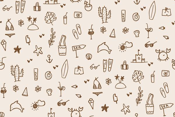 Seamless summer doodle icons, hand drawn pattern. Cute illustration of tropical leaves, cocktails sketches, fruits, beach etc. Summertime line stickers. Texture for wallpaper, background, fabric