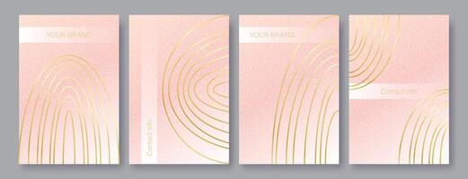Elegant templates set, pink cards with texture and golden lines, hand drawn brochures collection vector