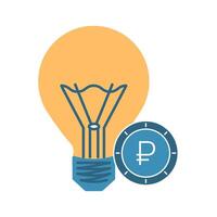 Electric lamp and ruble coin. Light bulb, Russian cash. Lightbulb with filaments and base. Payment for electricity. Energy saving lighting. Flat style. Color image. Isolated. illustration vector