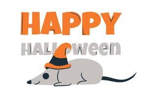 Mouse in witch hat Happy Halloween. Card for spooky holiday. Smiling cute character. Magic attribute. Rat. Greeting card with text. Banner for scary autumn event. Children Cartoon. illustration vector