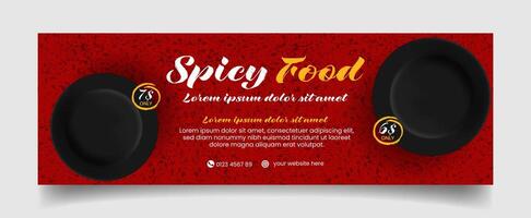 Horizontal flat design spicy food menu banner in red color with abstract patterns. vector