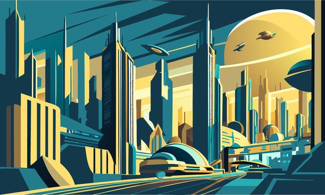 Abstract illustration on the theme of a fantastic cityscape against a blue sky.