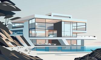 graphics. A landscape with a bright modern minimalist house on the beach vector