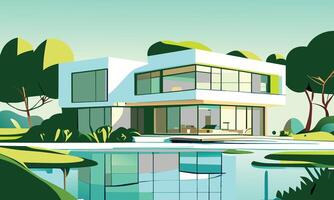 graphics. A landscape in green and blue tones with a white modern villa and a transparent lake vector