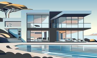 graphics. Bright modern minimalist house on the beach vector