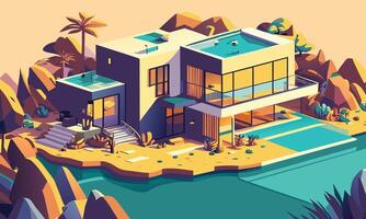 graphics. A multicolored landscape with a modern house with a swimming pool. View from above vector