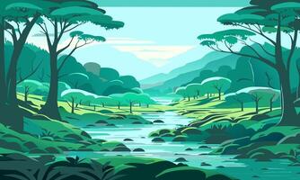 Stream among forests and hills, illustration. vector