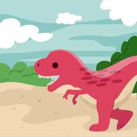 Cute dinosaur cartoon flat illustration of a cheerful up historical character for greeting card design, congratulation and invitation postcard creation. vector