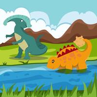 Cute dinosaur cartoon flat illustration of a cheerful up historical character for greeting card design, congratulation and invitation postcard creation. vector