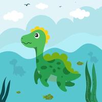 Cute dinosaur cartoon flat illustration of a cheerful up historical character for greeting card design, congratulation and invitation postcard creation. vector