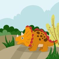 Cute dinosaur cartoon flat illustration of a cheerful up historical character for greeting card design, congratulation and invitation postcard creation. vector