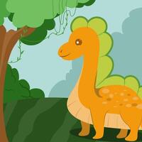 Cute dinosaur cartoon flat illustration of a cheerful up historical character for greeting card design, congratulation and invitation postcard creation. vector